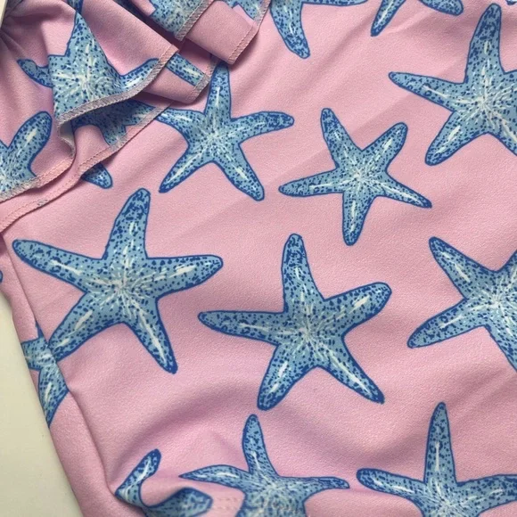 NWT Bermies Pink Blue Starfish Ruffle Shoulder Swimsuit - Picture 2 of 4